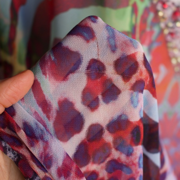 Miss G Bags Bejeweled Animal Print Chiffon Kaftan Poncho Blouse Size M - Picture 15 of 16